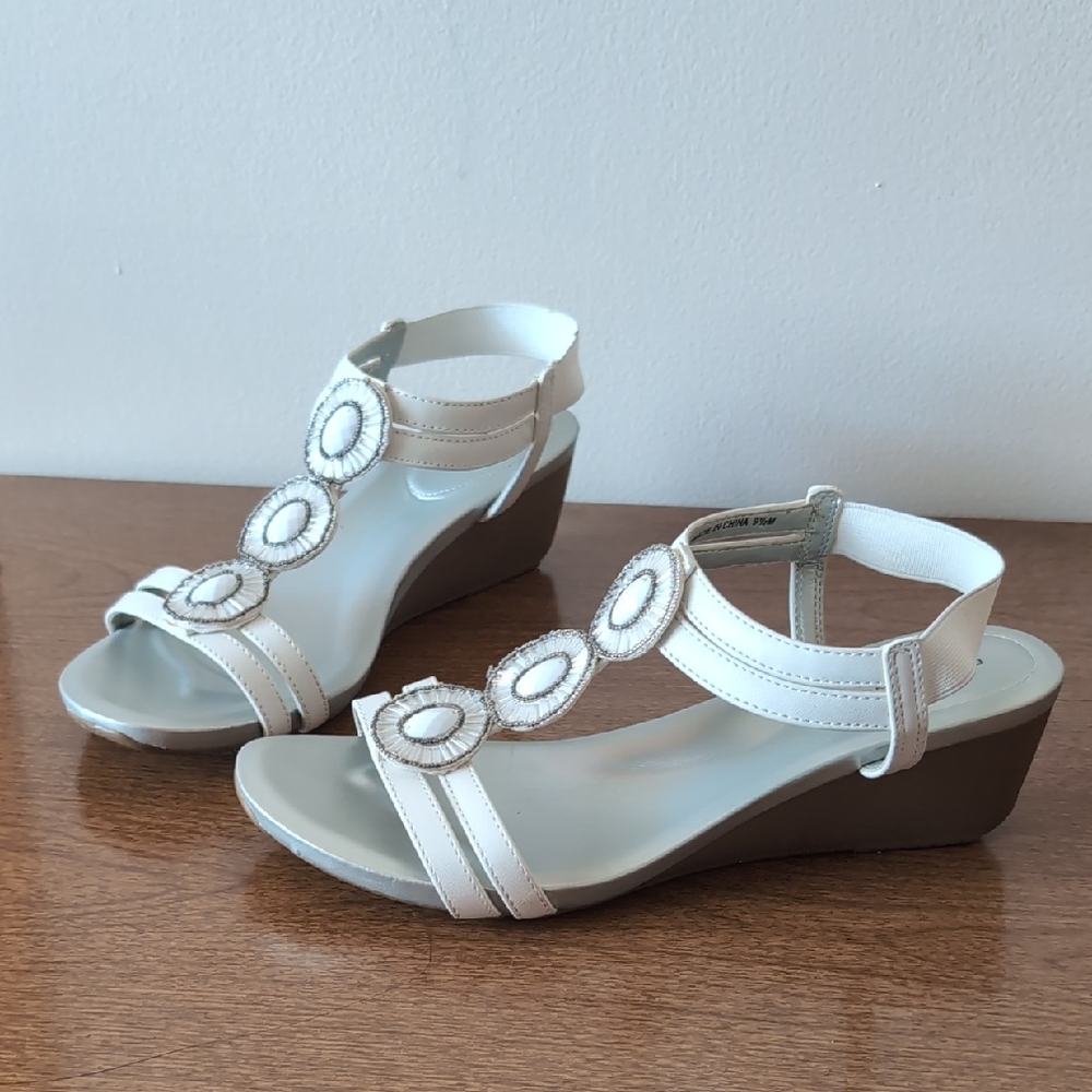Bandolino Cream and Tan Embellished Wedge Sandals